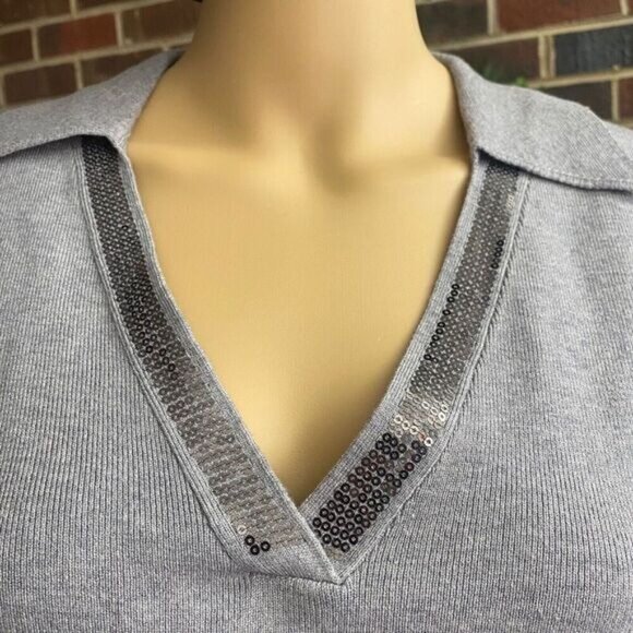 Calvin Klein Women's Shirt V-Neck Long Sleeve Sequin Collared Gray Size M New - Picture 9 of 14